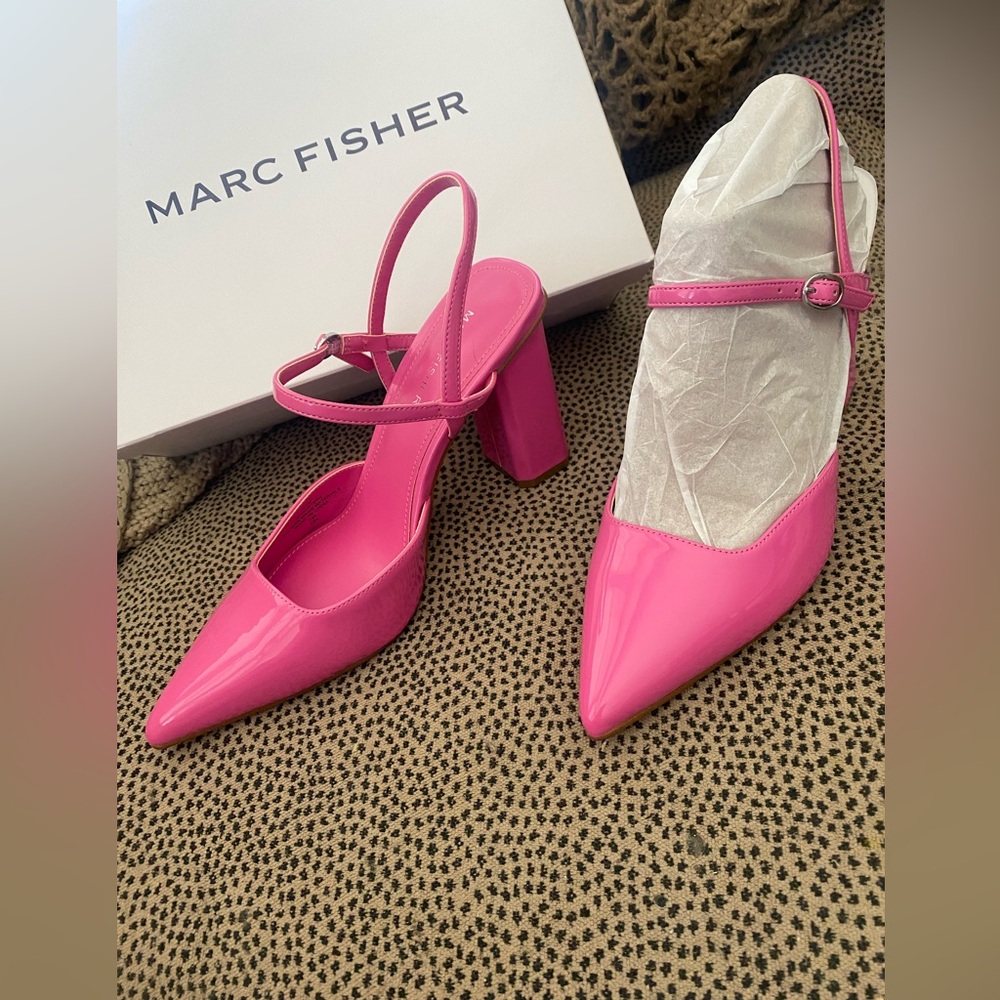 Marc Fisher Pink Patent Pointed Slingback Block Heel Doster 2 8.5 NEW
